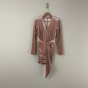 House of CB Farrah Pink Velvet Ruched Deep V Mini Dress Size Small